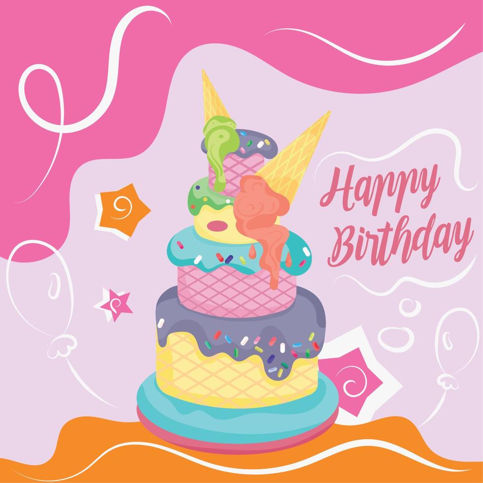 carte-cadeau d'anniversaire colorée gâteau isolé avec illustration vectorielle de crème glacée vecteur