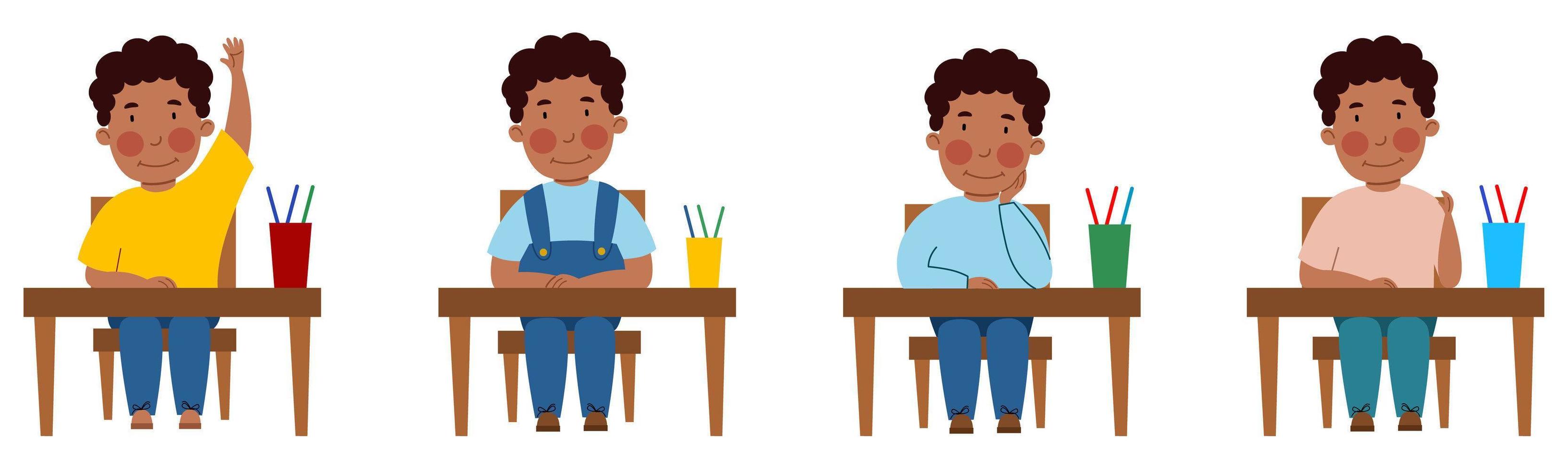 un ensemble d'illustrations avec un étudiant assis à un bureau de classe. un garçon à la peau foncée et aux cheveux bouclés à table leva la main. vecteur