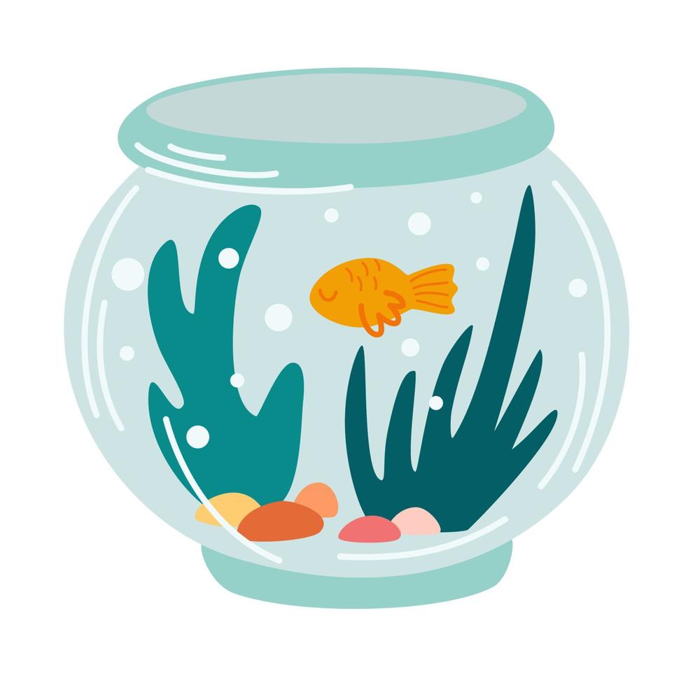 aquarium. aquarium rond en verre avec poissons rouges et algues. un élément d'intérieur avec des animaux de compagnie. illustration de dessin animé de vecteur isolé sur fond blanc.