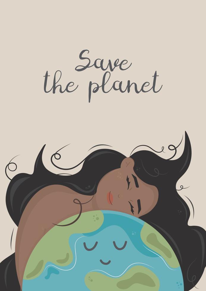 joyeux Jour de la Terre. jolie fille souriante étreignant la planète. concept de protection de l'environnement et de protection de la nature. conception pour carte de voeux, carte postale, affiche, web ou impression. vecteur