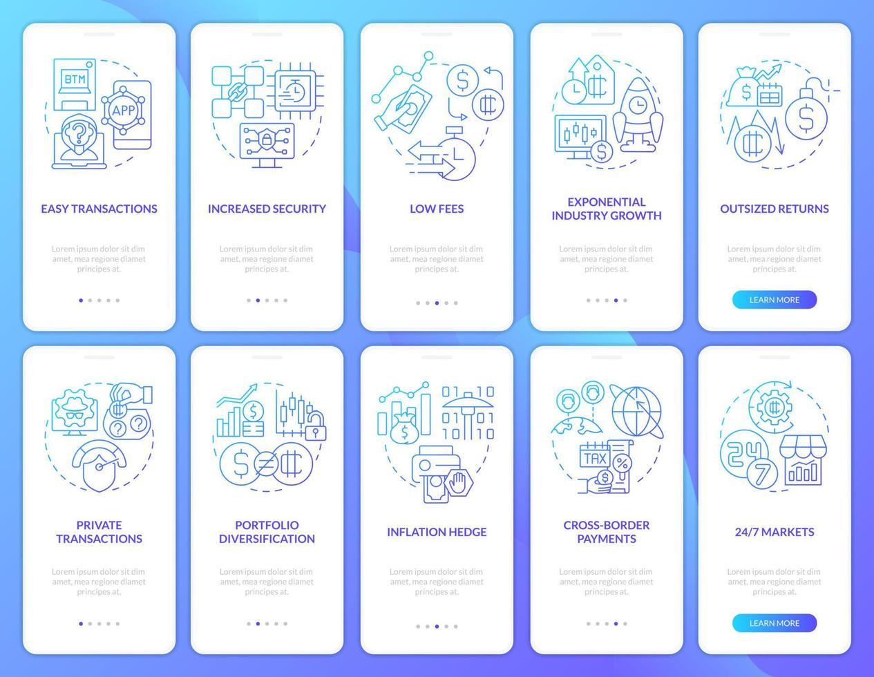 avantages de posséder un ensemble d'écrans d'application mobile d'intégration de dégradé bleu crypto. pas à pas en 5 étapes pages d'instructions graphiques avec des concepts linéaires. ui, ux, modèle d'interface graphique. une myriade de polices pro-gras régulières utilisées vecteur