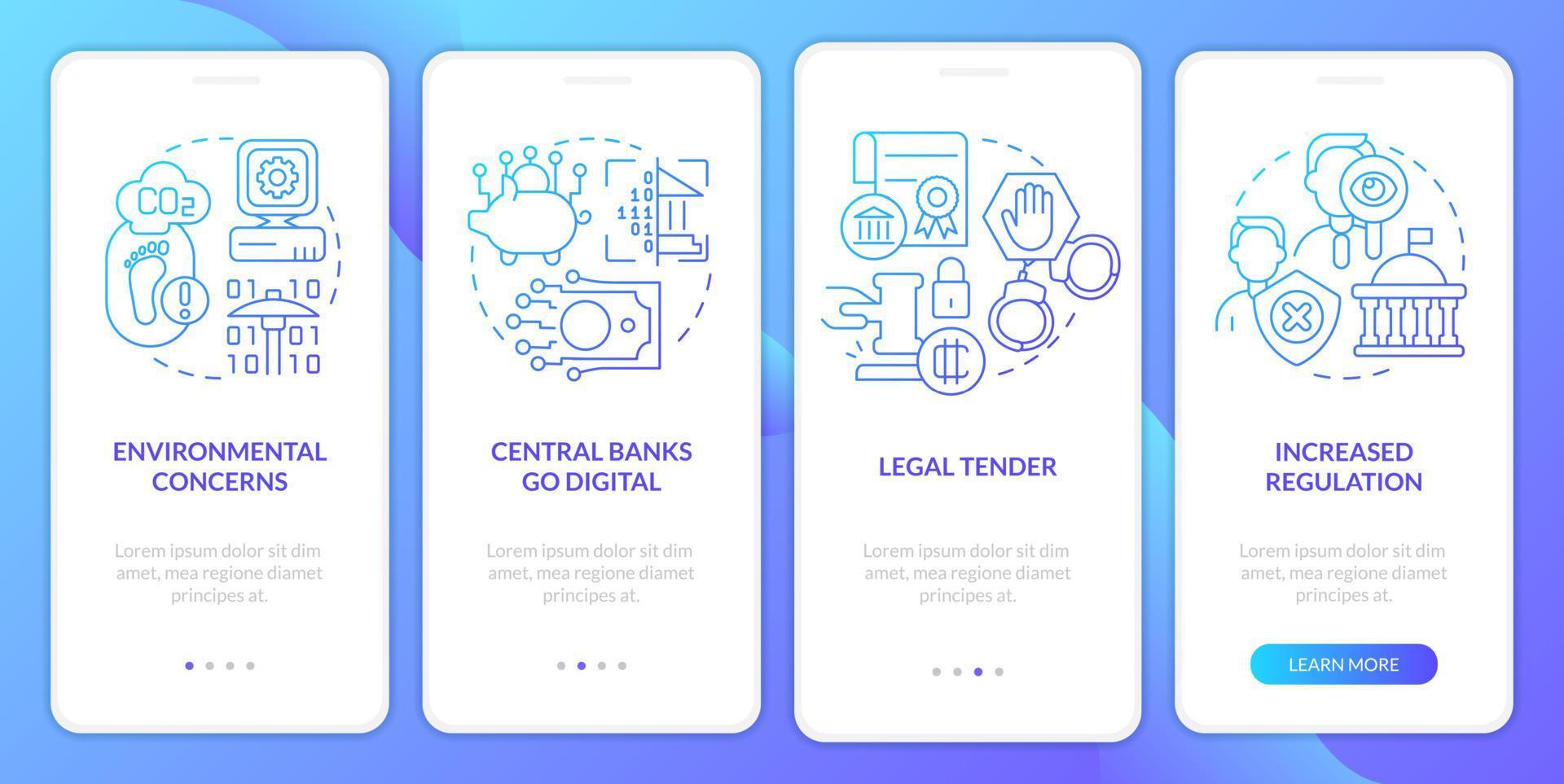 lacunes cryptographiques dans le futur écran d'application mobile d'intégration de dégradé bleu. pages d'instructions graphiques en 4 étapes avec des concepts linéaires. ui, ux, modèle d'interface graphique. une myriade de polices pro-gras régulières utilisées vecteur