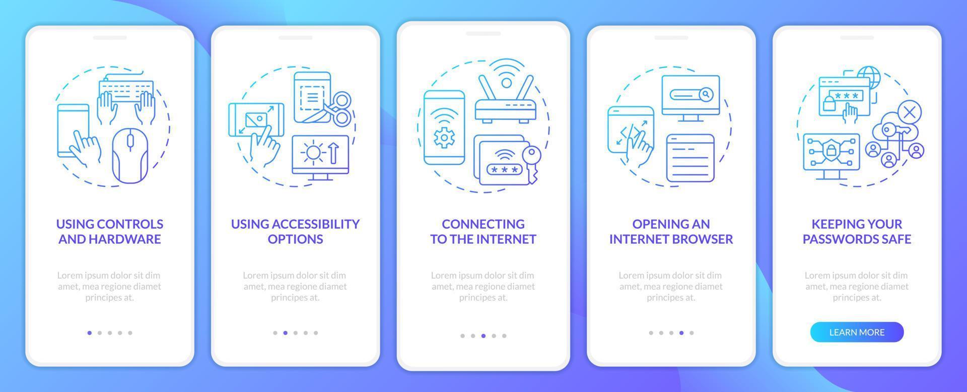 écran d'application mobile d'intégration de dégradé bleu de compétence de base numérique. pages d'instructions graphiques en 5 étapes avec des concepts linéaires. ui, ux, modèle d'interface graphique. myriade de polices pro-gras régulières utilisées vecteur