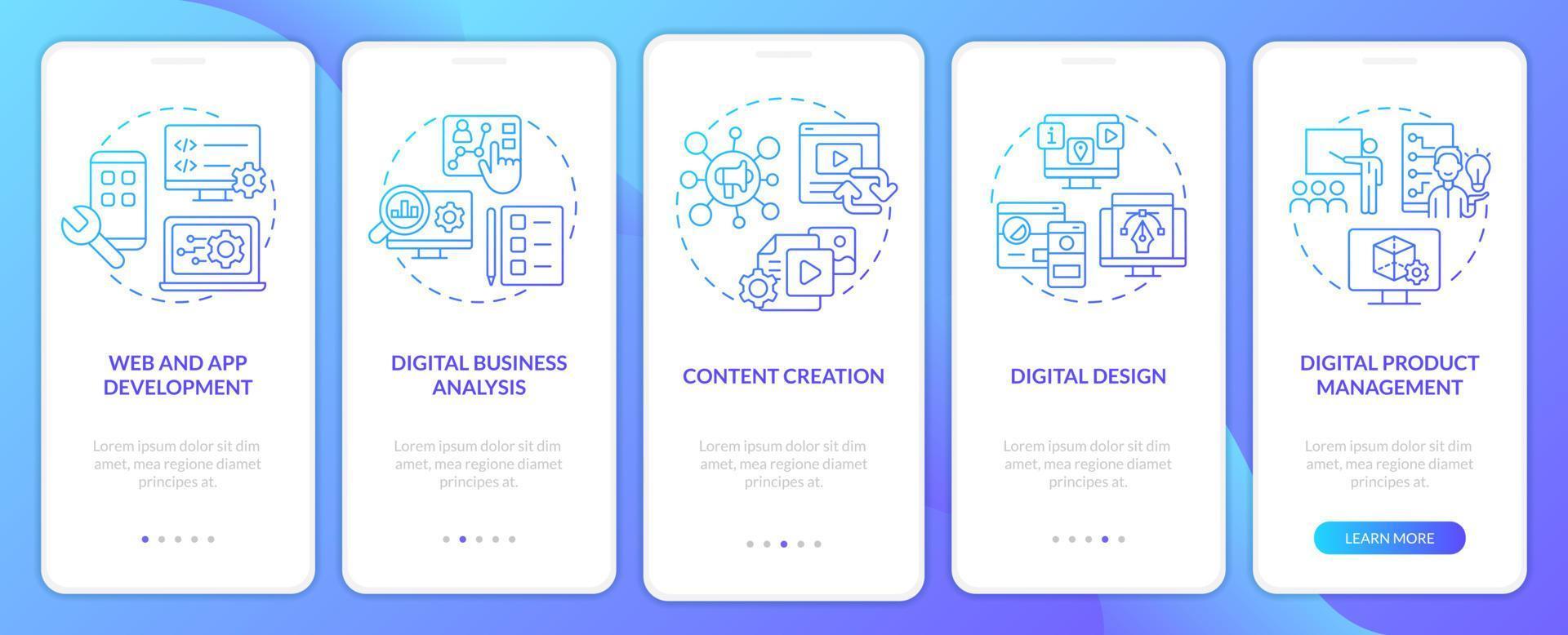 écran d'application mobile d'intégration de gradient bleu de compétences numériques avancées. pas à pas en 5 étapes pages d'instructions graphiques avec des concepts linéaires. ui, ux, modèle d'interface graphique. myriade de polices pro-gras régulières utilisées vecteur