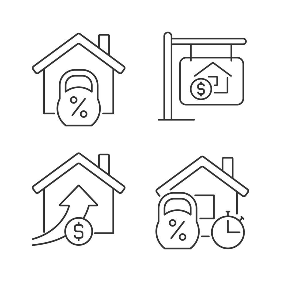 jeu d'icônes linéaires de maison d'achat. hypothèque résidentielle. achat de logement. prix de l'immobilier. vente de propriété. symboles de lignes fines personnalisables. illustrations vectorielles isolées. trait modifiable vecteur