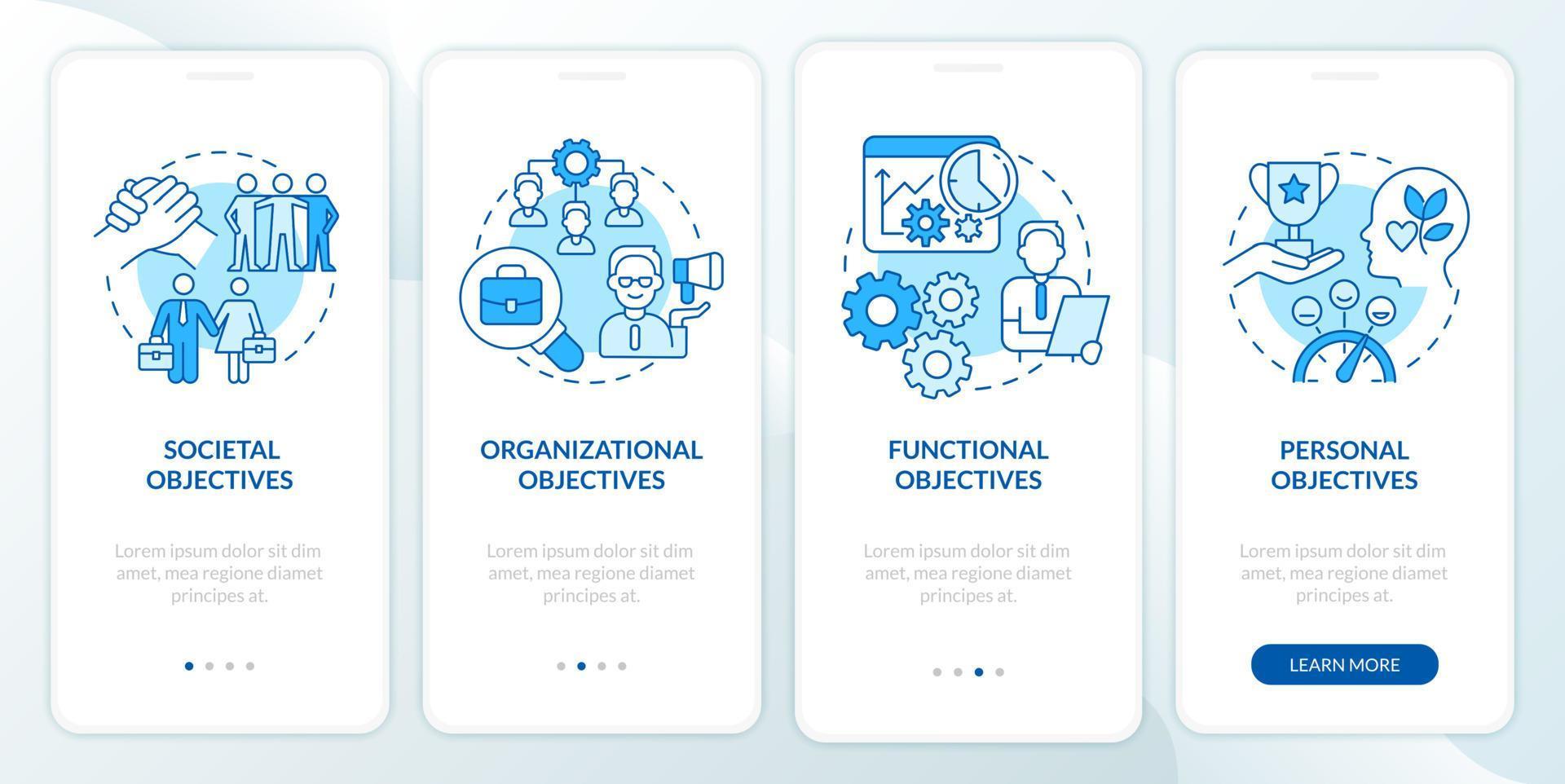 objectifs de l'écran de l'application mobile d'intégration bleue de gestion des ressources humaines. pages d'instructions graphiques en 4 étapes avec des concepts linéaires. ui, ux, modèle d'interface graphique. une myriade de polices pro-gras régulières utilisées vecteur