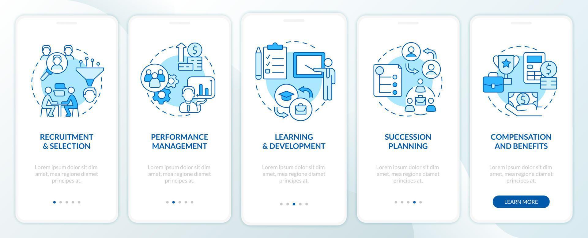 Écran d'application mobile d'intégration bleu de base de la gestion des ressources humaines. procédure de recrutement pages d'instructions graphiques en 5 étapes avec des concepts linéaires. ui, ux, modèle d'interface graphique. myriade de polices pro-gras régulières utilisées vecteur