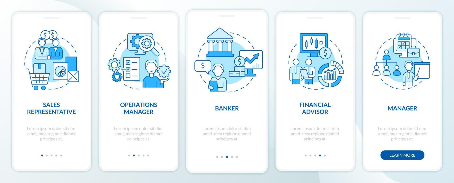 écran d'application mobile d'intégration bleu carrières en gestion d'entreprise. pas à pas en 5 étapes pages d'instructions graphiques avec des concepts linéaires. ui, ux, modèle d'interface graphique. une myriade de polices pro-gras régulières utilisées vecteur