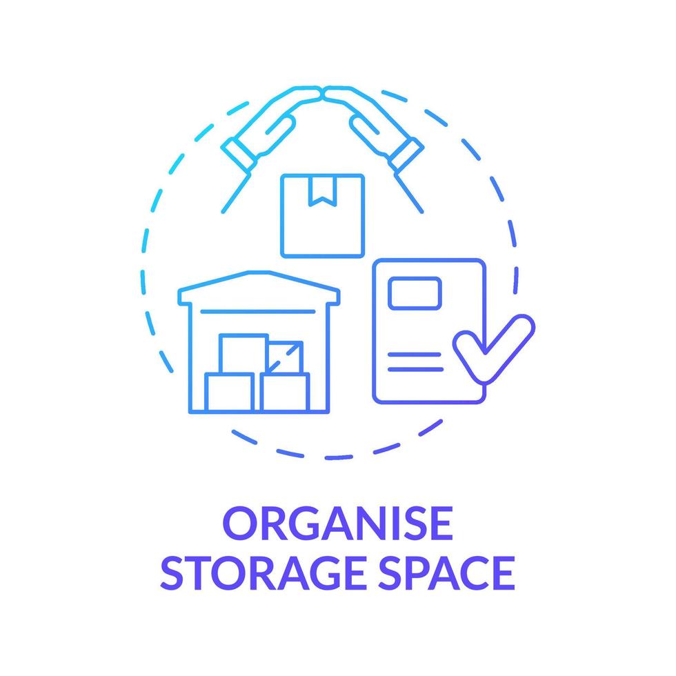 organiser l'icône de concept de dégradé bleu de l'espace de stockage. entrepôt pour l'illustration de la ligne mince de l'idée abstraite de l'entreprise de livraison. dessin de contour isolé. roboto-medium, myriade de polices pro-gras utilisées vecteur