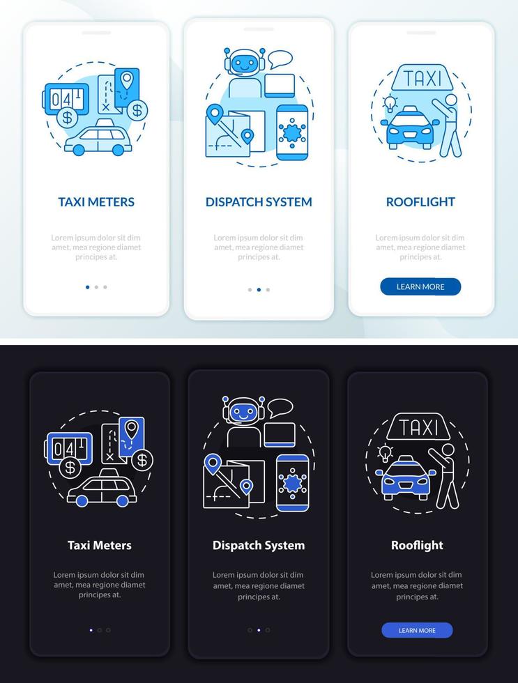 équipement pour écran d'application mobile d'intégration de thème de jour et de nuit de taxi. Taxicab Walkthrough 3 étapes pages d'instructions graphiques avec des concepts. ui, ux, modèle d'interface graphique. une myriade de polices pro-gras régulières utilisées vecteur