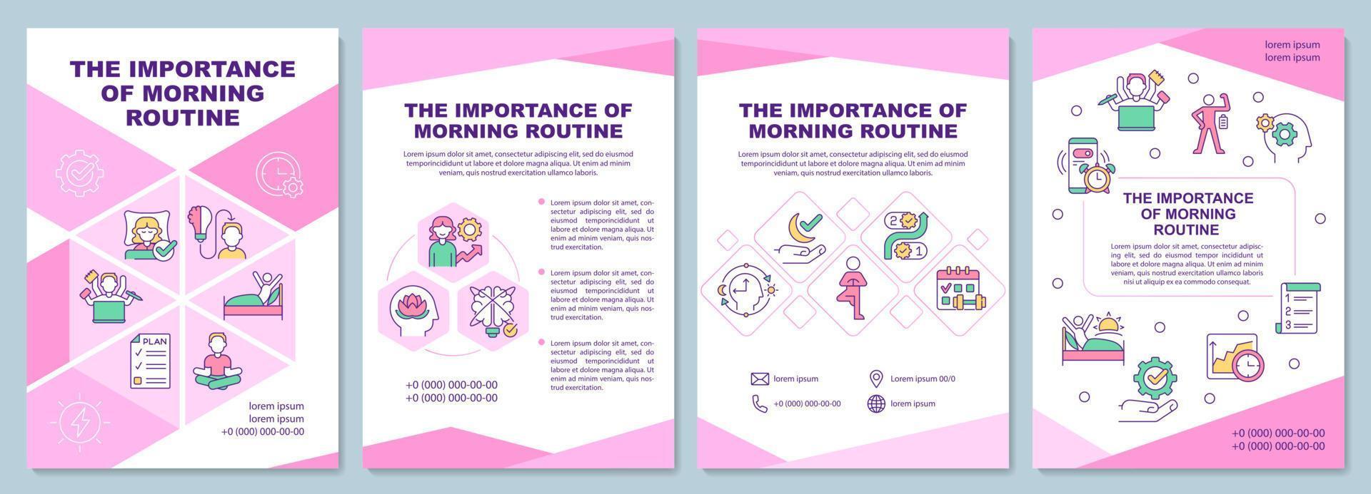 importance du modèle de brochure rose de routine du matin. conception d'impression de livret avec des icônes linéaires. mises en page vectorielles pour la présentation, les rapports annuels, les publicités. arial-black, une myriade de polices pro-régulières utilisées vecteur