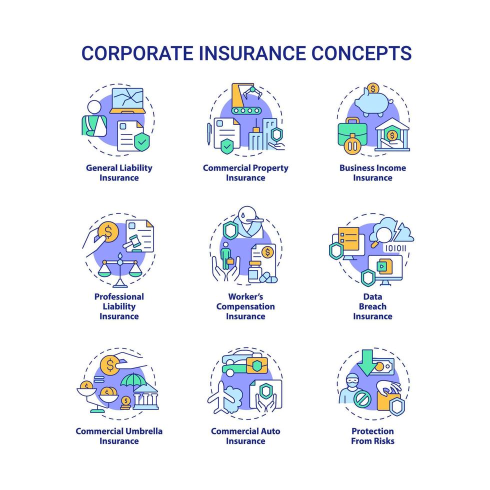 jeu d'icônes de concept d'assurance d'entreprise. idée de gestion d'entreprise illustrations en couleur de ligne mince. dessins de contour isolés. trait modifiable. roboto-medium, myriade de polices pro-gras utilisées vecteur