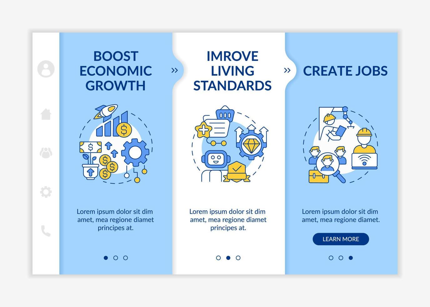 impact positif de l'automatisation sur le modèle d'intégration blanc et bleu de la société. site Web mobile réactif avec des icônes de concept linéaires. écrans pas à pas de la page Web en 3 étapes. lato-gras, polices régulières utilisées vecteur