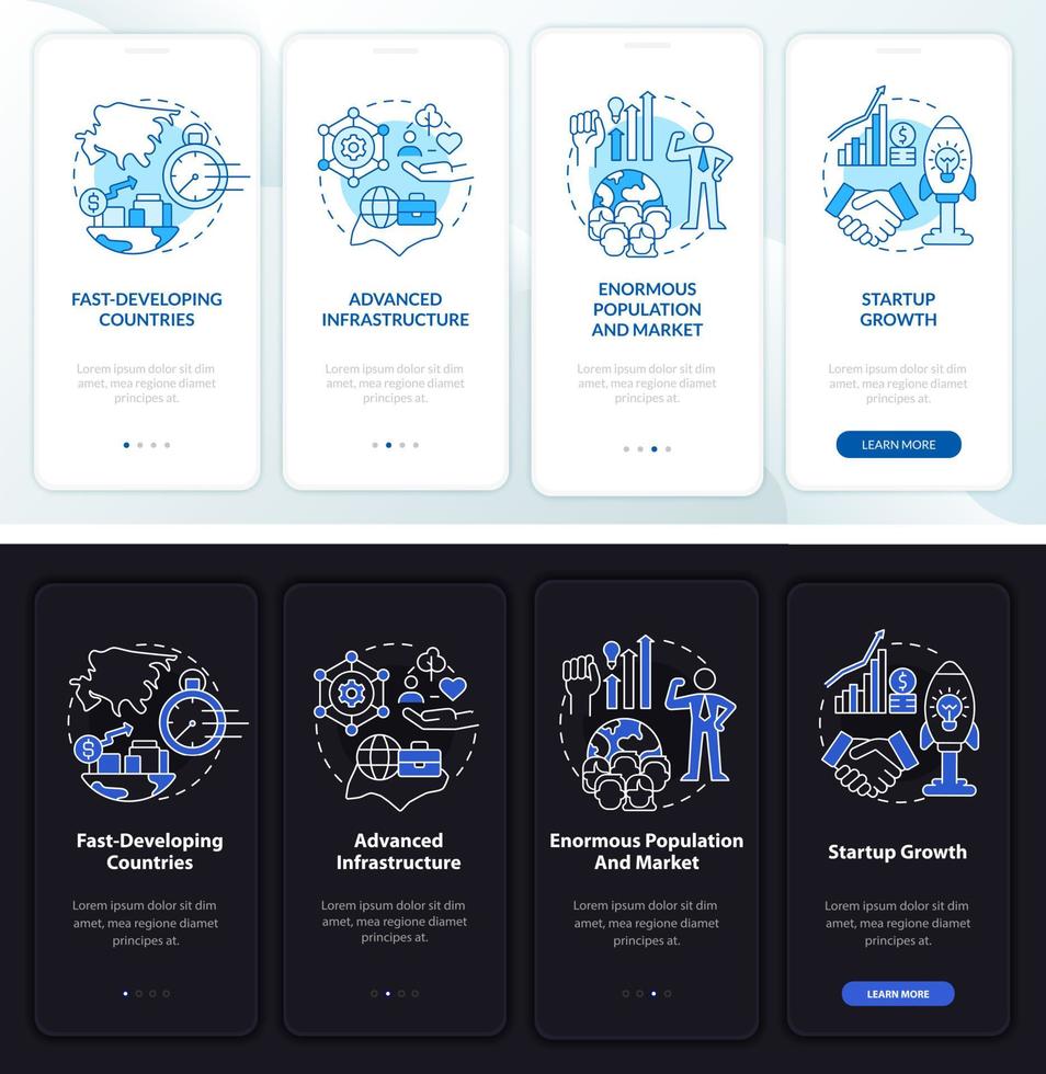 expansion de l'écran de l'application mobile d'intégration en mode nuit et jour. pages d'instructions graphiques en 4 étapes avec des concepts linéaires. ui, ux, modèle d'interface graphique. une myriade de polices pro-gras régulières utilisées vecteur