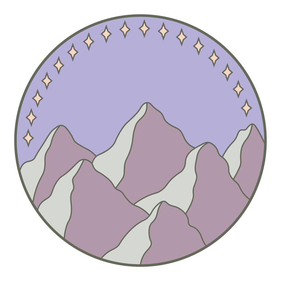 illustration vectorielle de montagne. icône de contour coloré dessiné à la main dans le cadre du cercle. pour l'impression, le web, le design, la décoration, le logo. vecteur