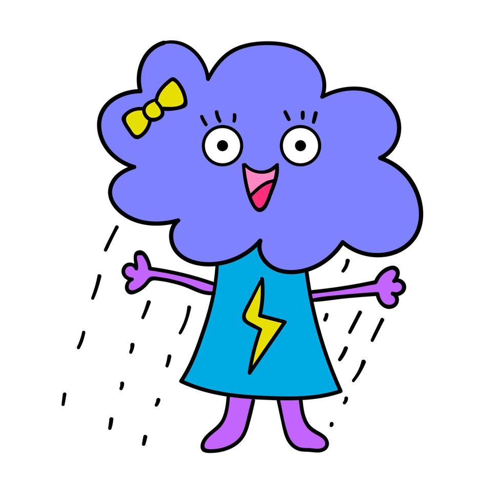 dessin animé doodle heureux nuage avec fille de pluie isolée sur fond blanc. vecteur