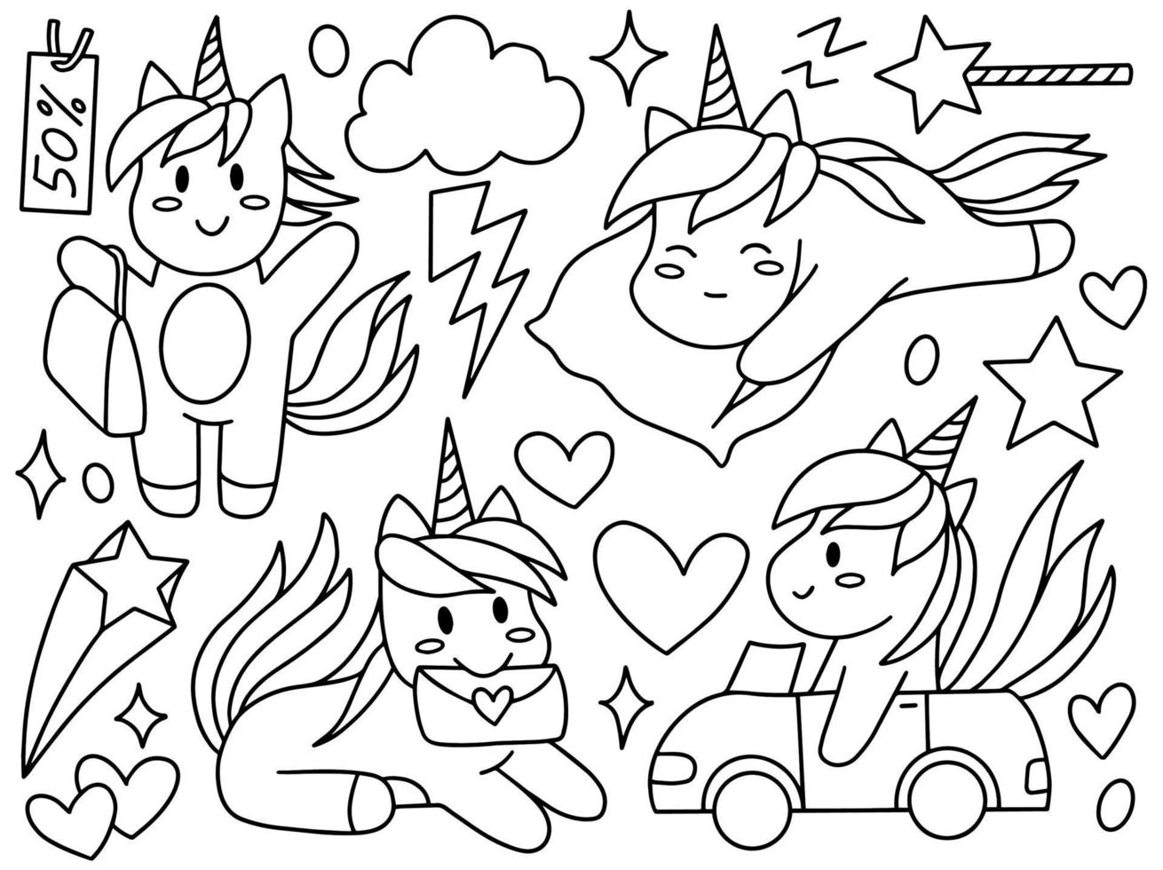 collection d'art en ligne licorne doodle vecteur