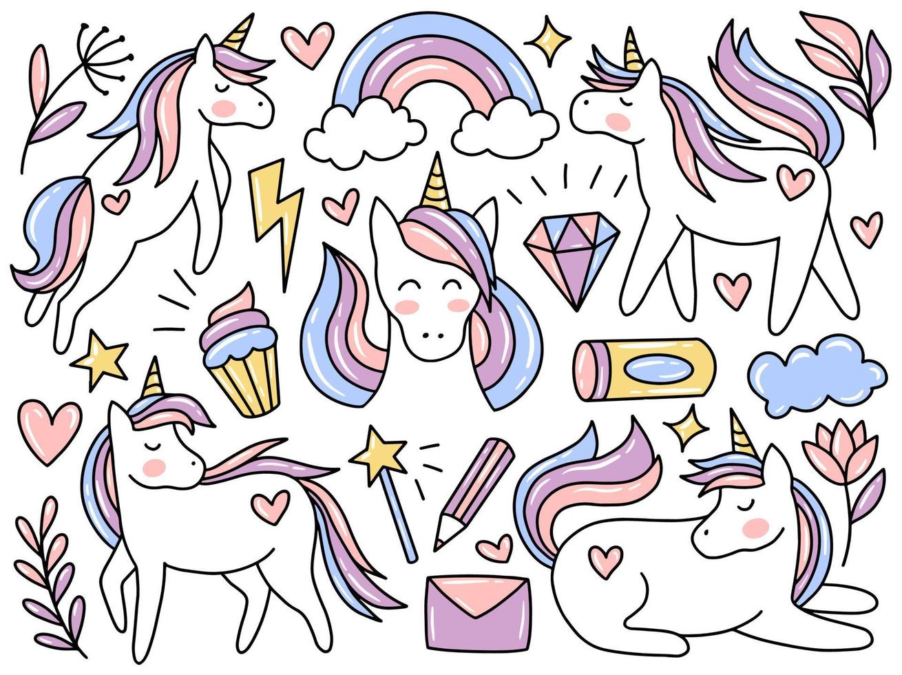 collection d'images clipart licorne doodle vecteur