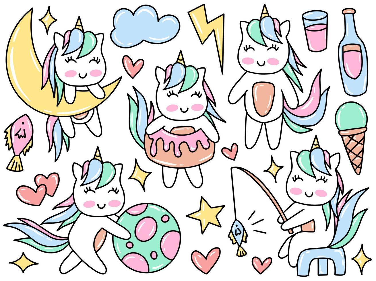 collection d'images clipart doodle chat licorne vecteur