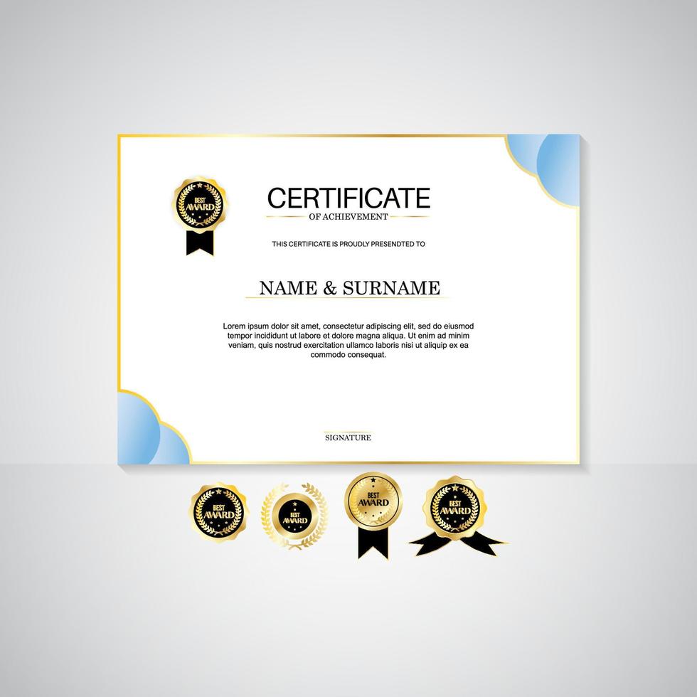 modèle de paysage de certificat de récompense, couleurs or et bleu. certificat moderne et propre avec badge en or. modèle de bordure de certificat avec motif de ligne de luxe moderne. modèle de vecteur de diplôme