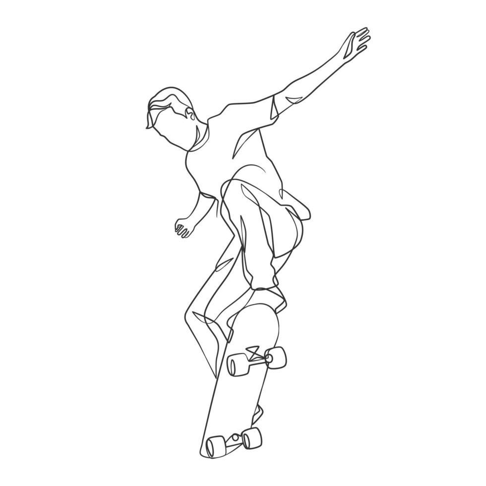 dessin au trait continu d'un homme jouant à la planche à roulettes vecteur