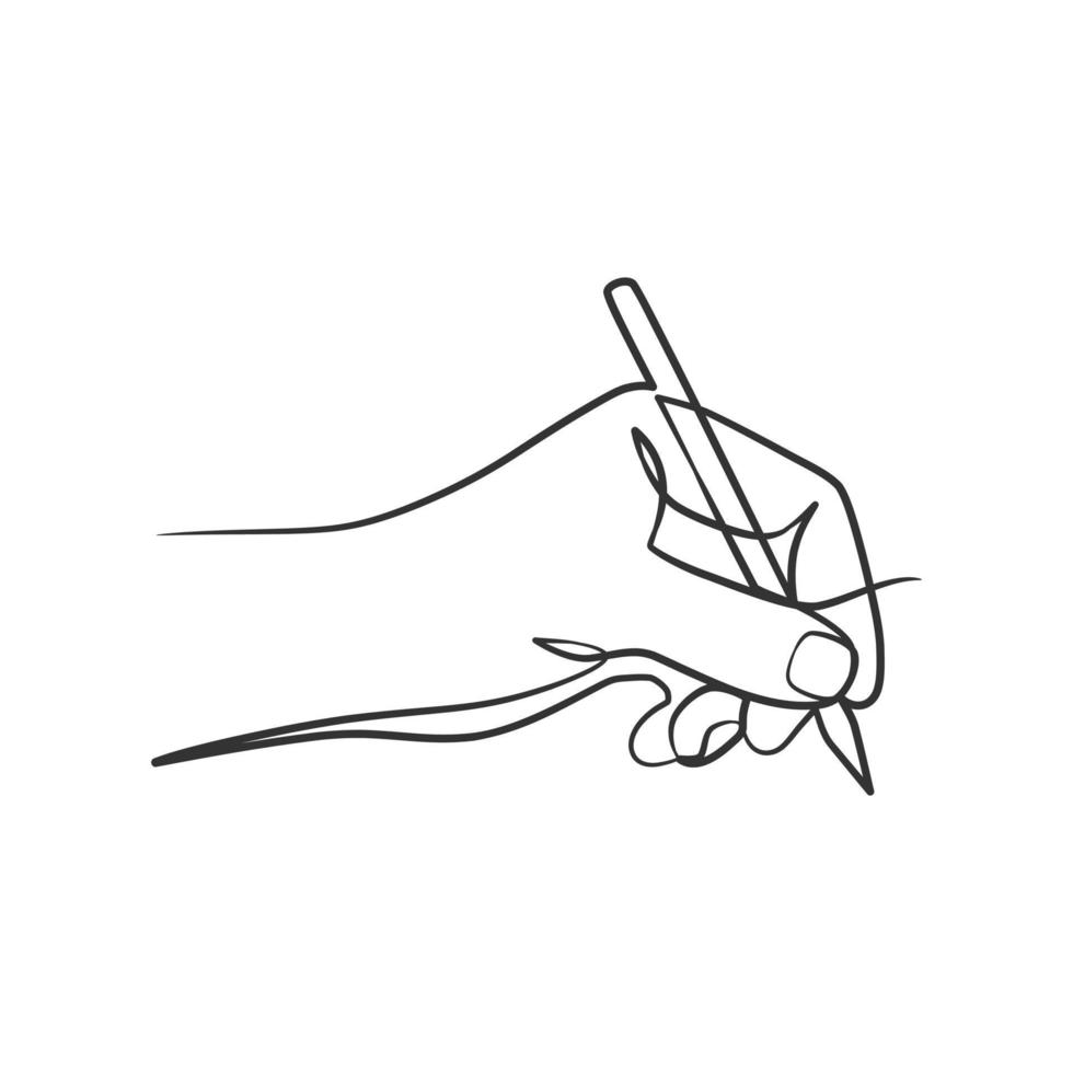 dessin en ligne continu d'une main tenant un stylo et écrivant ou dessinant vecteur