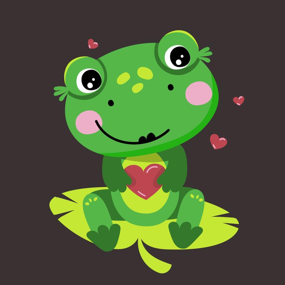 jolie grenouille tient un coeur. une grenouille amoureuse. illustration vectorielle isolée dans un appartement vecteur