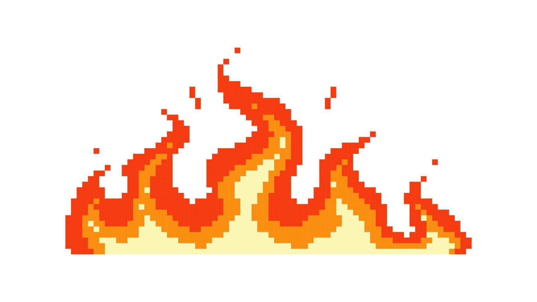 grande flamme de pixel. vague de napalm brûlant tout autour du feu avec une énergie rouge à noyau jaune brillant après une puissante explosion avec des étincelles vectorielles volantes. vecteur