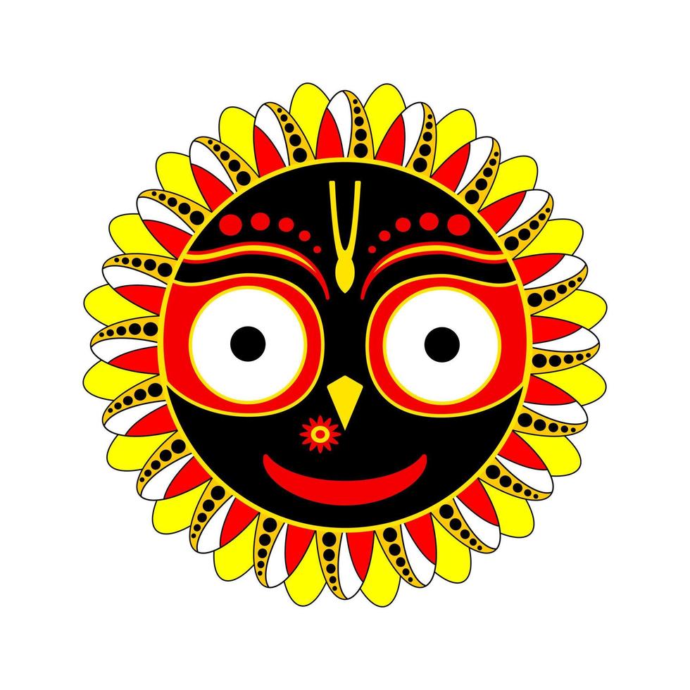 soleil souriant jaganath. heureux jaune hindou rouge krishna avatar avec de grands yeux célébration traditionnelle radha yatra avec jagantha puri voyage des divinités culte sacré et grande célébration vectorielle vecteur
