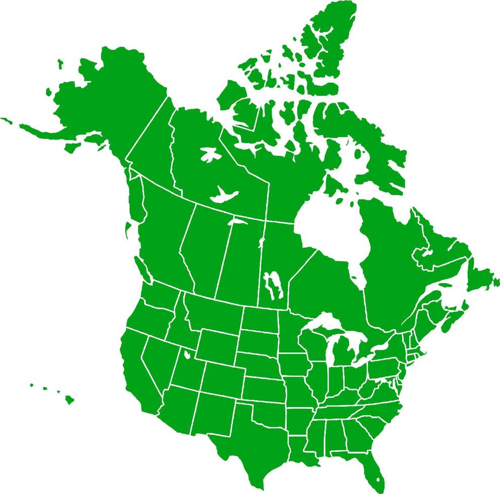 carte muette de l'amérique du nord de couleur verte. carte politique nord-américaine. illustration vectorielle vecteur