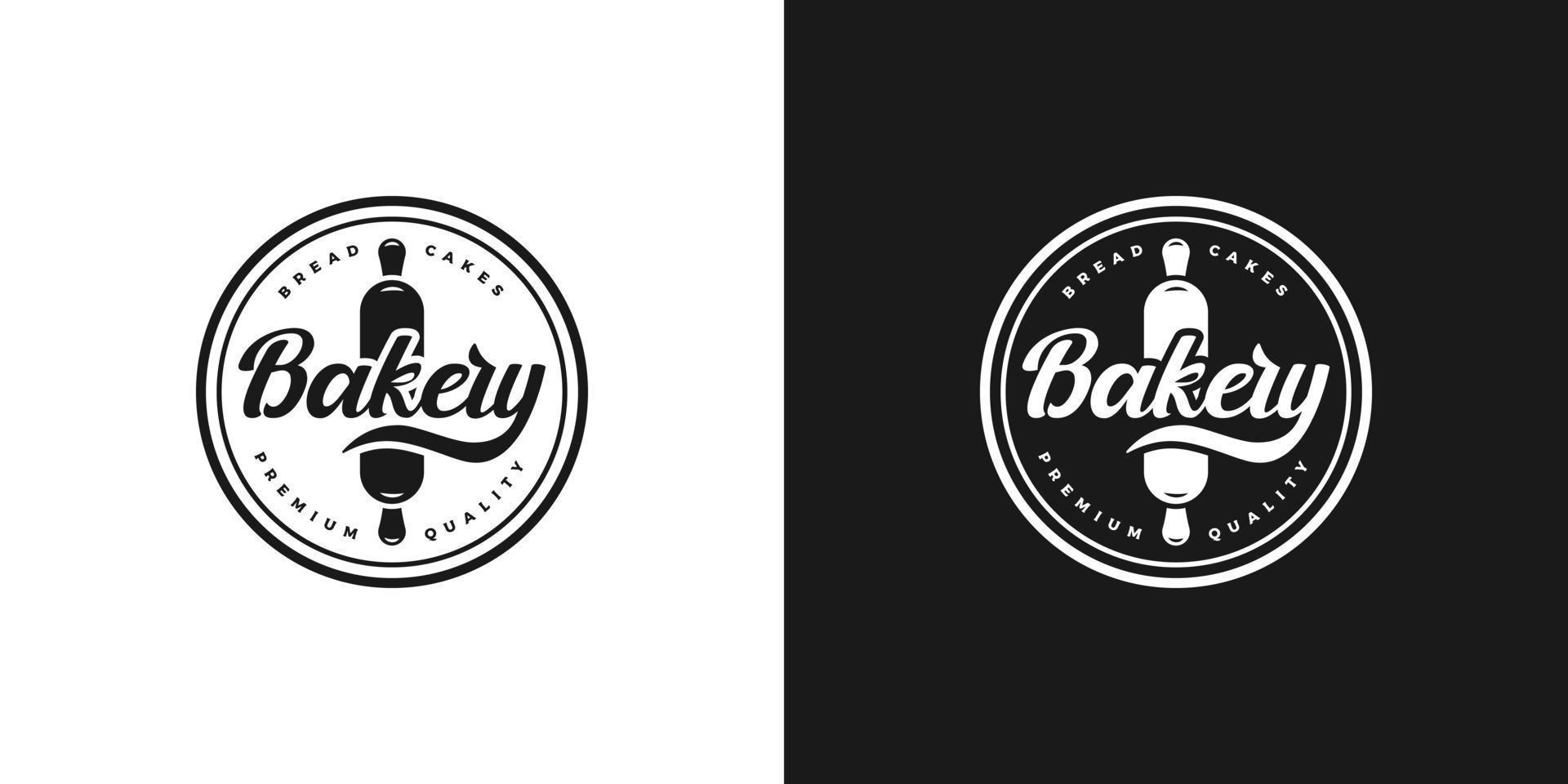 emblème rétro vintage, insigne, timbre, vecteur de conception de logo de boulangerie autocollant avec rouleau à pâtisserie