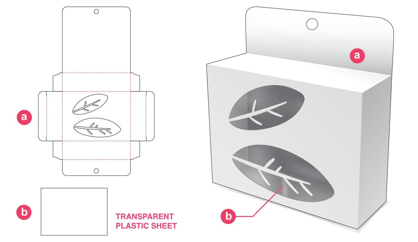 emballage suspendu en carton avec fenêtre de feuilles et modèle de découpe de feuille de plastique transparent vecteur