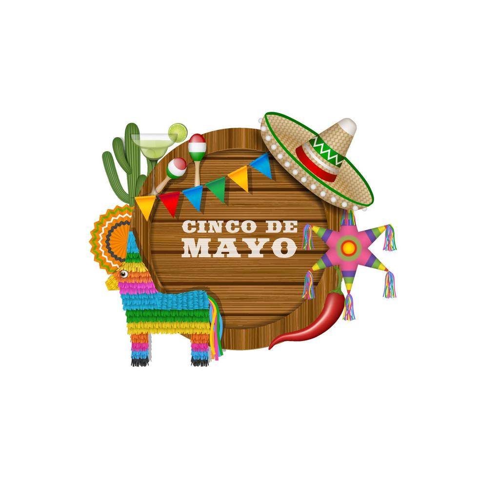 fond de cinco de mayo avec panneau en bois et éléments mexicains vecteur