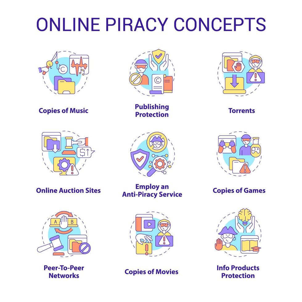 ensemble d'icônes de concept de piratage en ligne. idée de contenu protégé par des droits d'auteur, illustrations en couleur à lignes fines. copies de musique. service anti-piratage. protection de l'édition. dessins de contour isolés de vecteur. trait modifiable vecteur