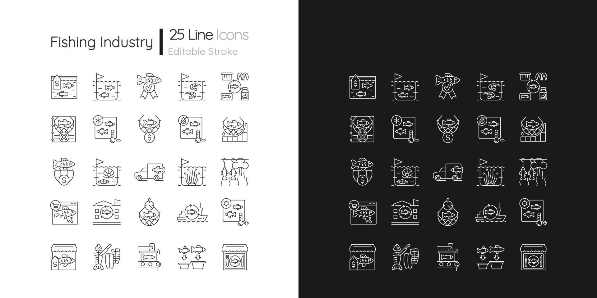icônes linéaires de l'industrie de la pêche définies pour le mode sombre et clair. attraper et préparer des fruits de mer. transformation, élevage. symboles de lignes fines personnalisables. illustrations vectorielles isolées. trait modifiable vecteur