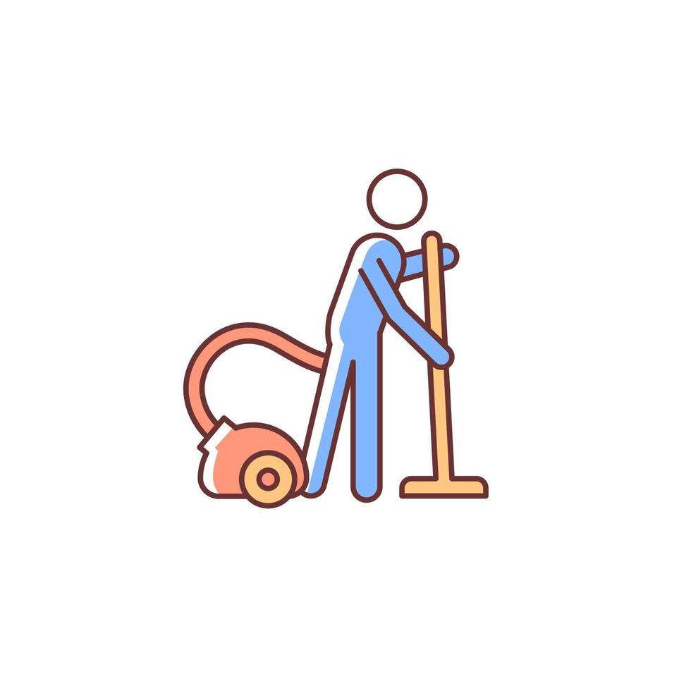 icône de couleur rvb pour aspirateur. personne avec aspirateur. maintenir la propreté dans l'appartement. tâches ménagères ordinaires, corvées. illustration vectorielle isolée. dessin au trait rempli simple vecteur