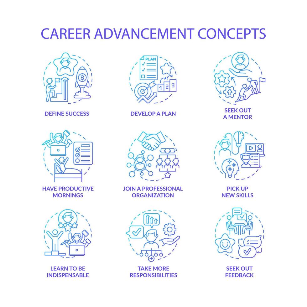 ensemble d'icônes de concept de gradient bleu d'avancement de carrière. amélioration du travail. employé qui réussit. idée de développement professionnel illustrations en couleur de ligne mince. dessins de contour isolés de vecteur