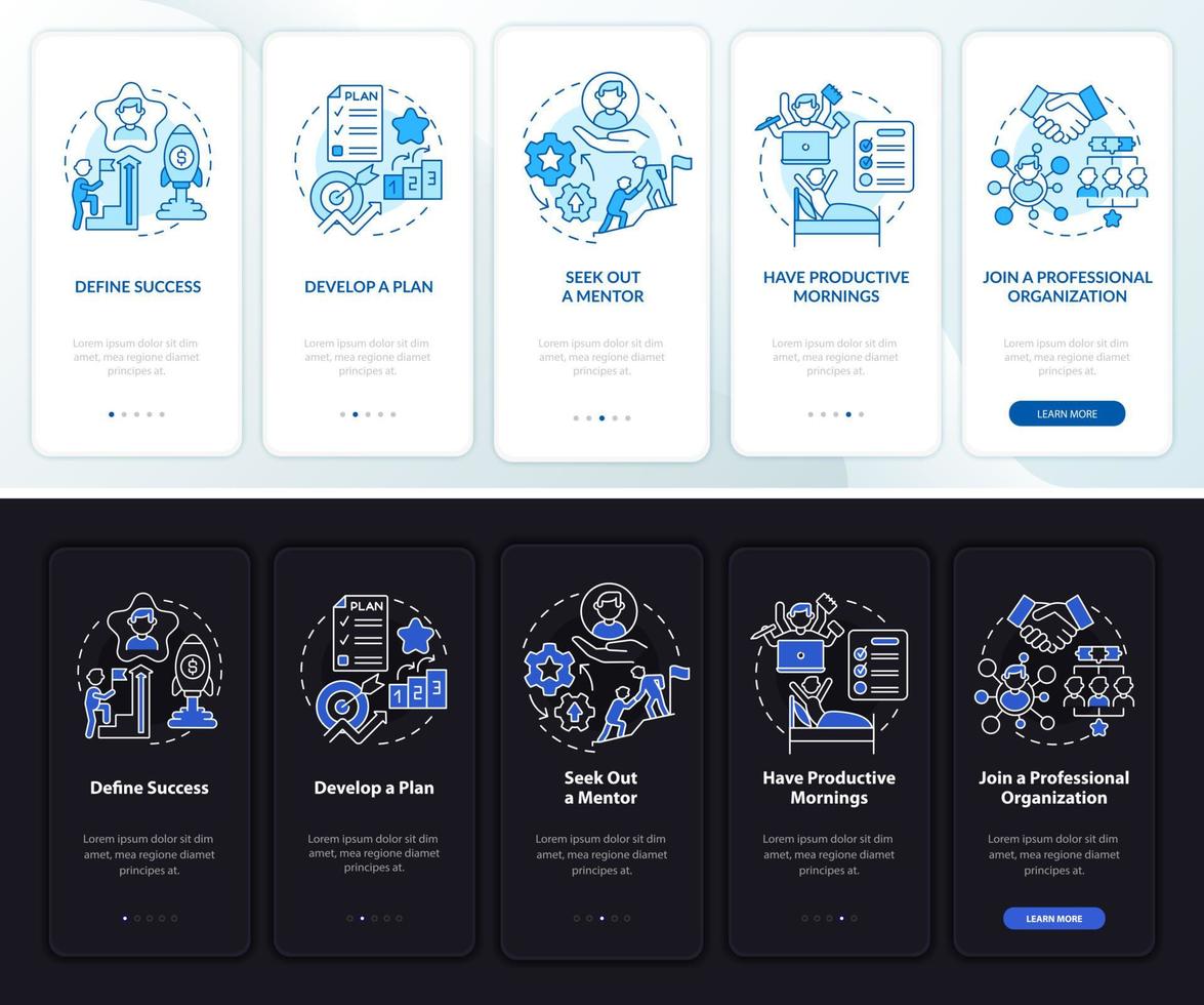 écran de page d'application mobile d'intégration d'avancement de carrière réussi. procédure pas à pas de travail instructions graphiques en 5 étapes avec concepts. modèle vectoriel ui, ux, gui avec illustrations en mode nuit et jour