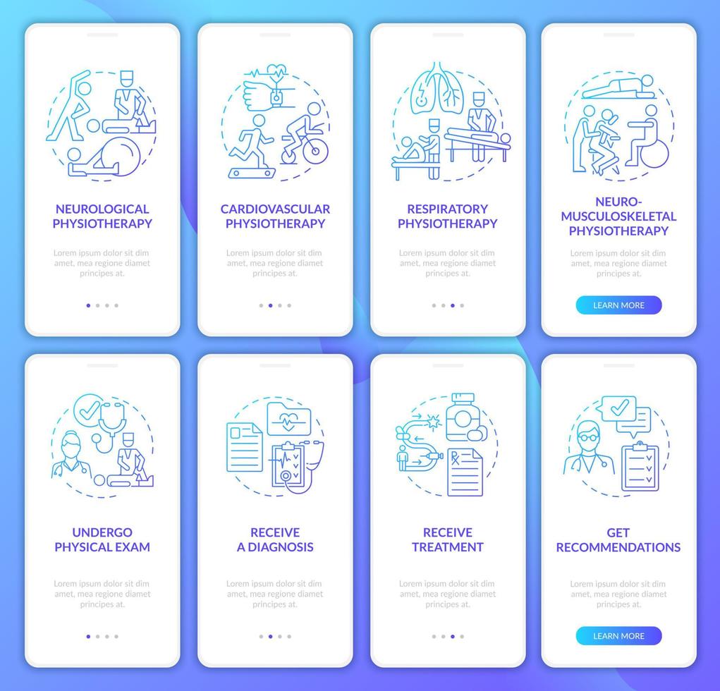 écran de la page de l'application mobile d'intégration du gradient de physiothérapie. procédure de traitement physique instructions graphiques en 4 étapes avec concepts. modèle vectoriel ui, ux, gui avec illustrations couleur linéaires