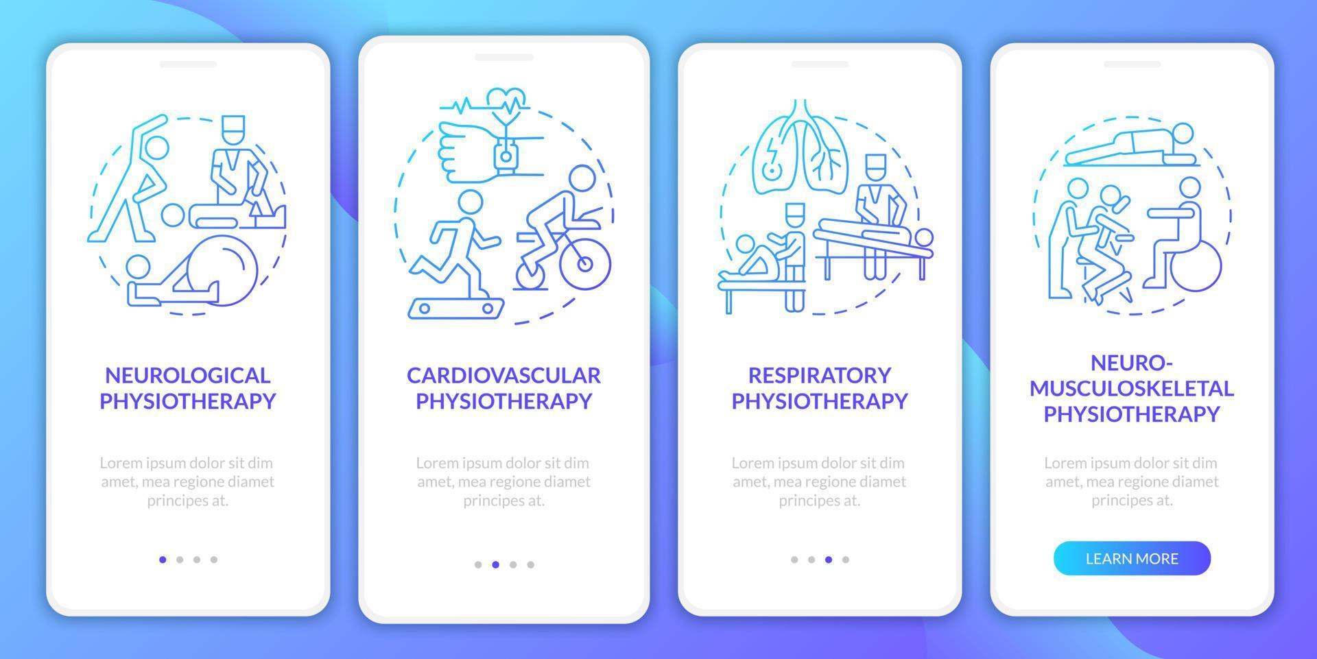 écran de la page de l'application mobile d'intégration du gradient de physiothérapie. types de physiothérapie pas à pas instructions graphiques en 4 étapes avec concepts. modèle vectoriel ui, ux, gui avec illustrations couleur linéaires