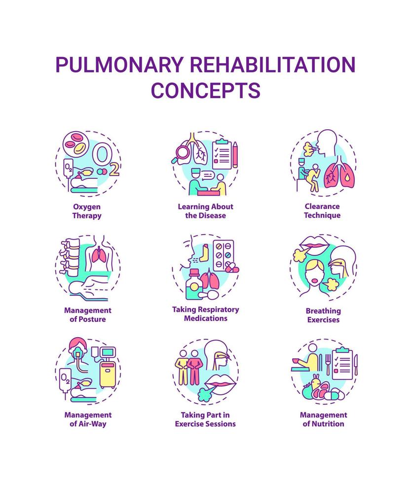 ensemble d'icônes de concept de réadaptation pulmonaire. idée de traitement des maladies respiratoires illustrations en couleur de ligne mince. thérapie de récupération. exercice de respiration. dessins de contour isolés de vecteur. trait modifiable vecteur