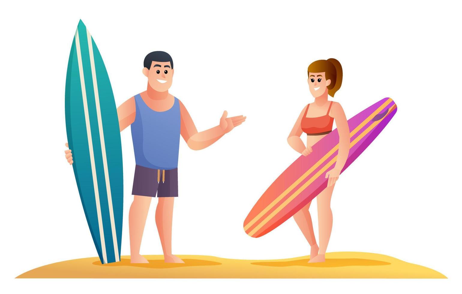 mâle et femelle tenant leur planche de surf à l'illustration vectorielle de la plage. hommes et femmes sur les personnages de concept de vacances d'été vecteur