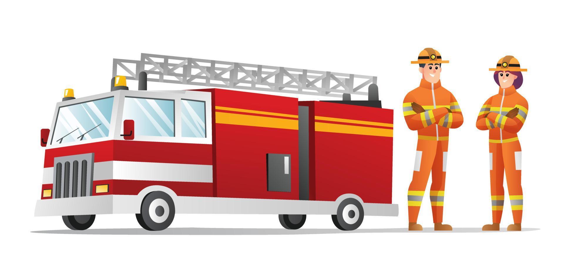 personnages de pompiers masculins et féminins avec illustration de camion de pompiers vecteur