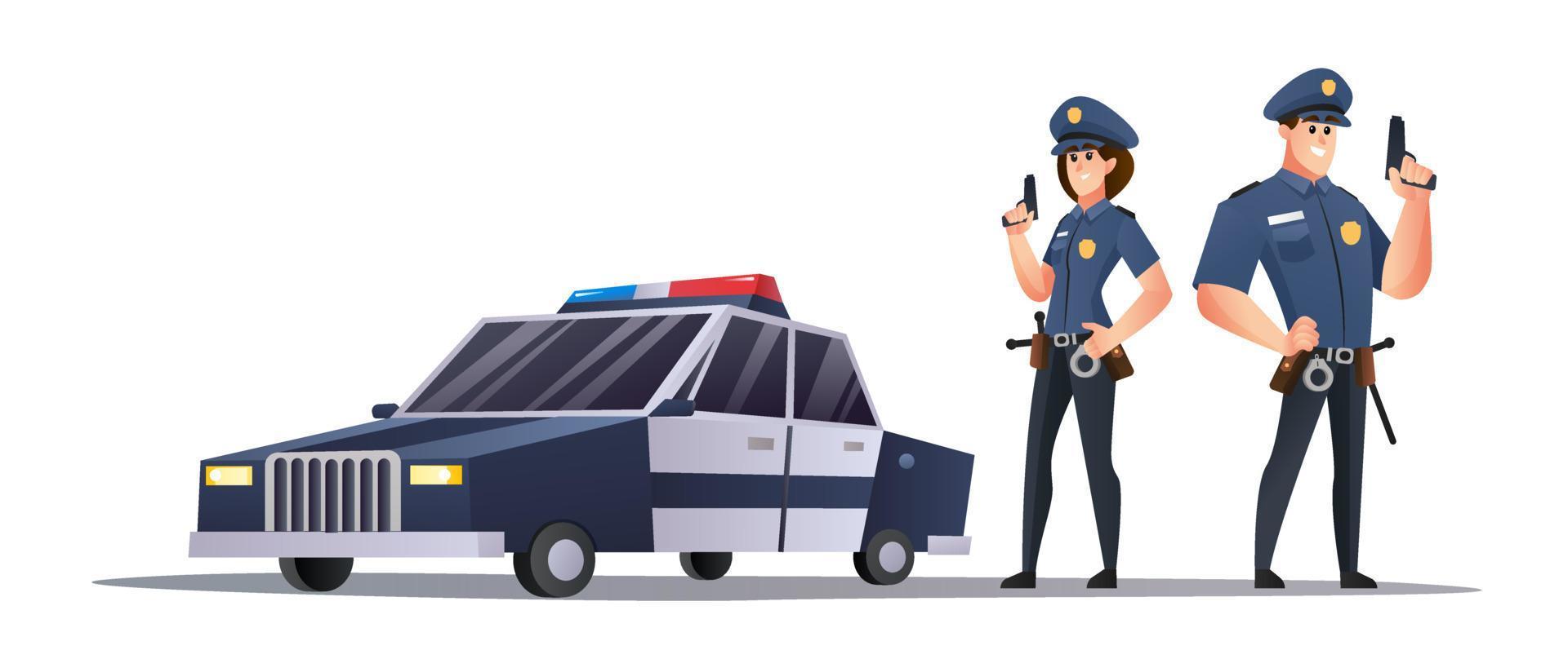 policier et policière tenant des fusils à côté de l'illustration de la voiture de police vecteur