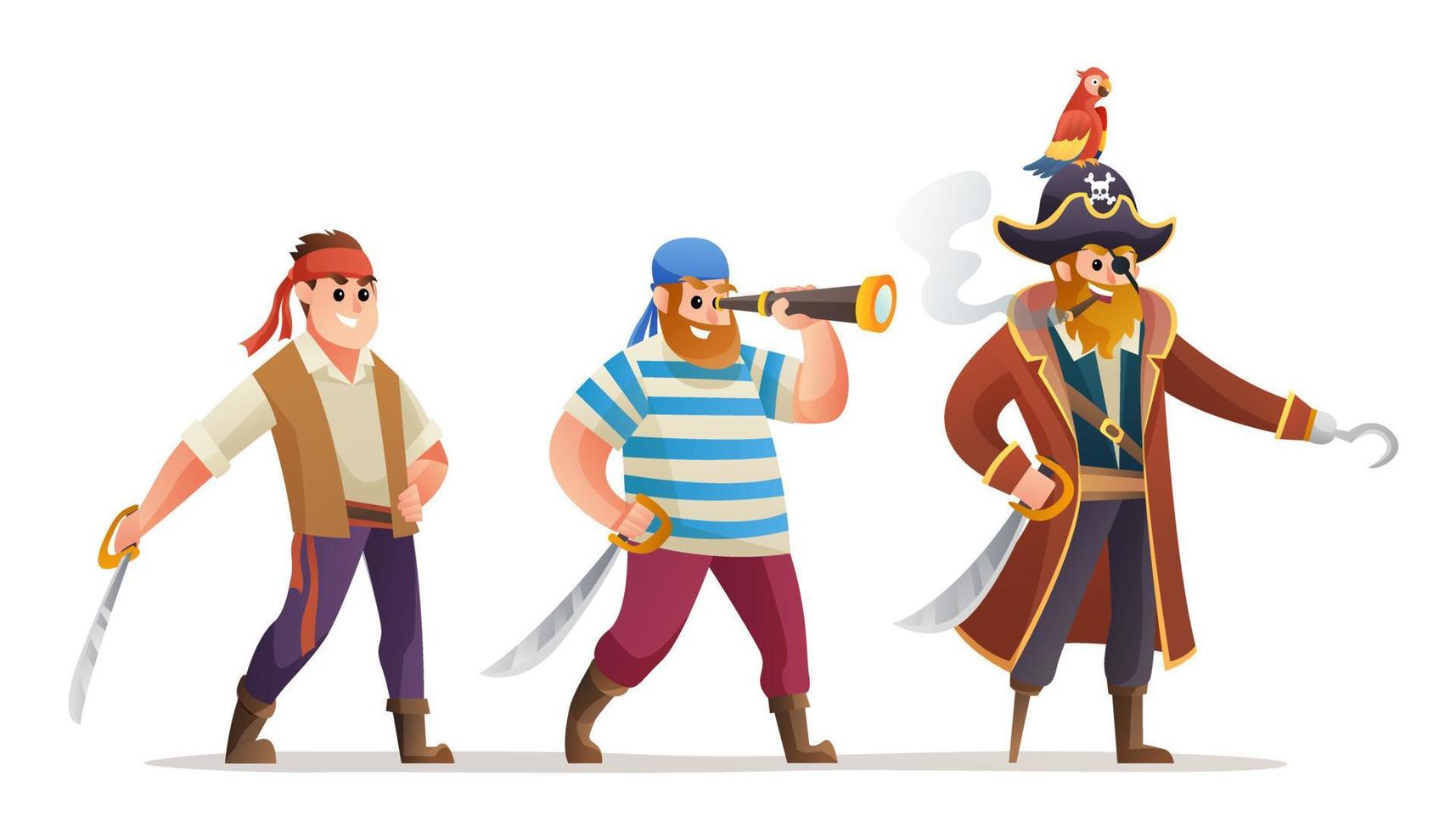 jeu de caractères de capitaine de pirates et de soldats tenant une illustration d'épée vecteur