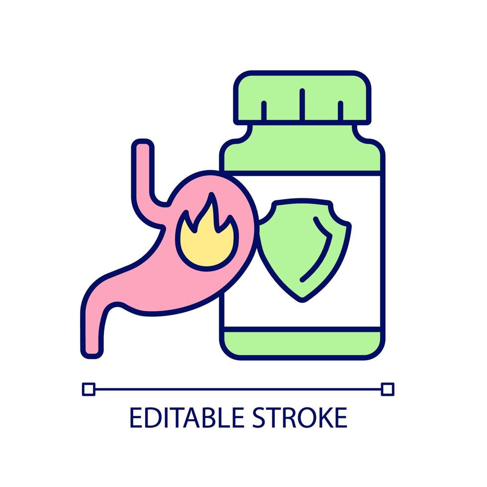 reflux acide complète l'icône de couleur rvb. médicaments contre les brûlures d'estomac. pilules pour brûlures de poitrine, pyrosis. problèmes de digestion. illustration vectorielle isolée. dessin au trait rempli simple vecteur