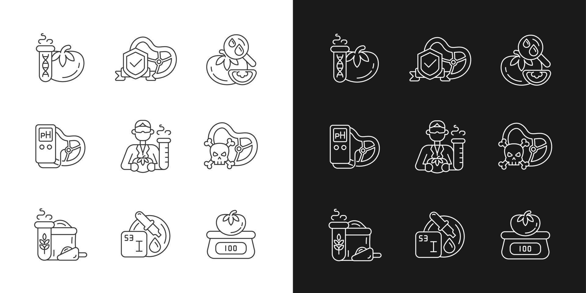 produits biologiques testant des icônes linéaires définies pour le mode sombre et clair. analyse physique. composition moléculaire. symboles de lignes fines personnalisables. illustrations vectorielles isolées. trait modifiable vecteur