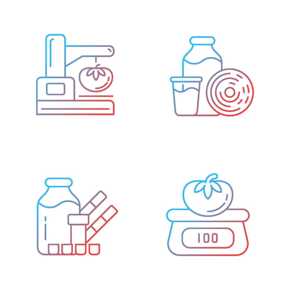 ensemble d'icônes vectorielles linéaires de gradient de test de propriété physique alimentaire. évaluation de l'aspect visuel. peser et mesurer. ensemble de symboles de contour de ligne mince. collection d'illustrations de contour isolé vecteur