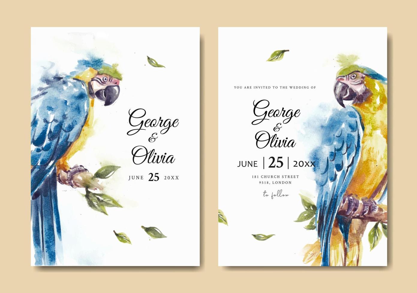 invitation de mariage avec une belle aquarelle de perroquet ara bleu et or vecteur