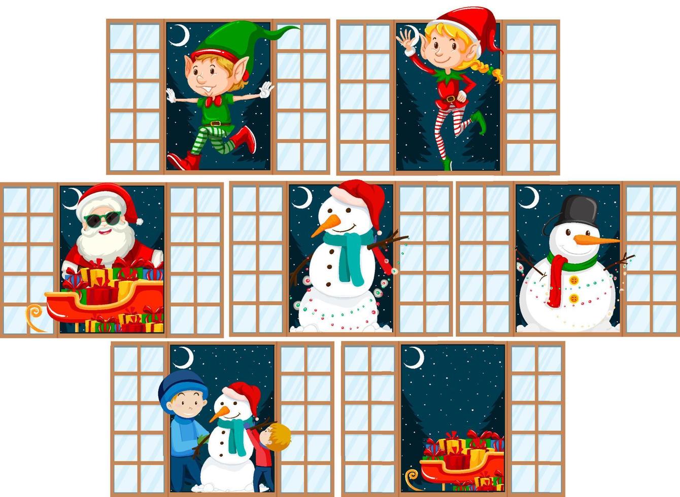 thème de noël elfe, père noël, bonhomme de neige et famille à la porte vecteur